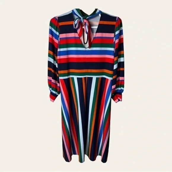 1033. ELOQUII MULTI COLOR STRIPE MIDI DRESS WITH TIE AROUND NECKLINE/KEYHOLE - Picture 10 of 13